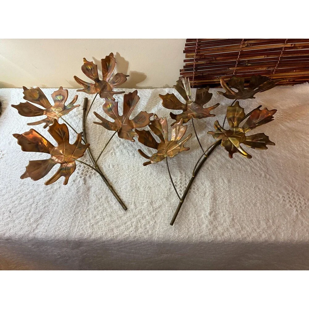 Vintage Metal Leaf Wall Art - Copper & Brass - Brutalist Autumn Decor (Set of 2)